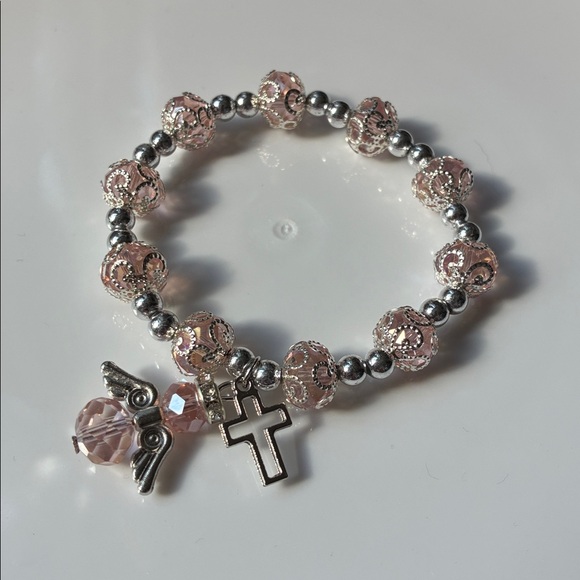 Elegant Sliver & Pink  Beaded Angel and Cross Charms Bracelet - Picture 3 of 4